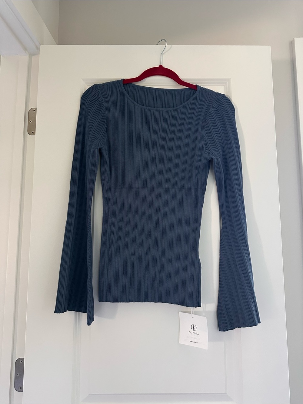 Cicy Bell Slate Blue Ribbed Long-Sleeve Top